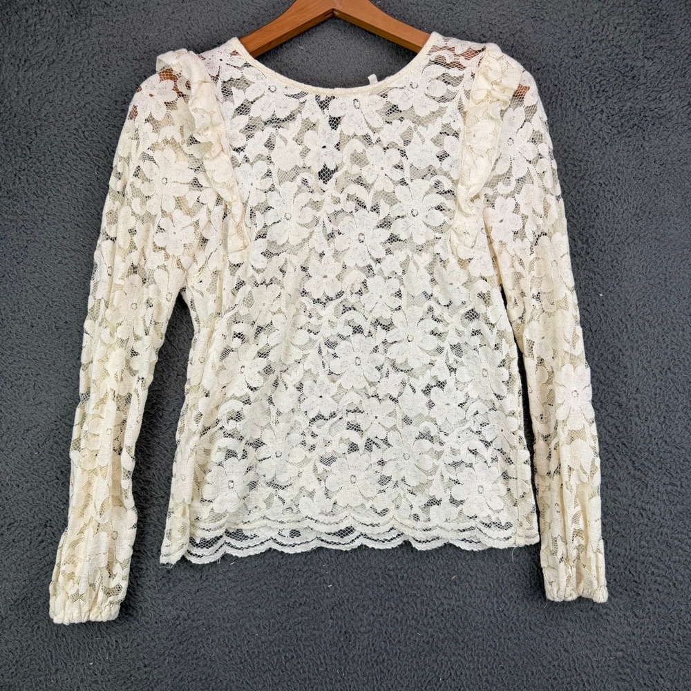 June & Hudson Womens Cream Floral Lace Ruffle Shoulder Long Sleeve Top Size L